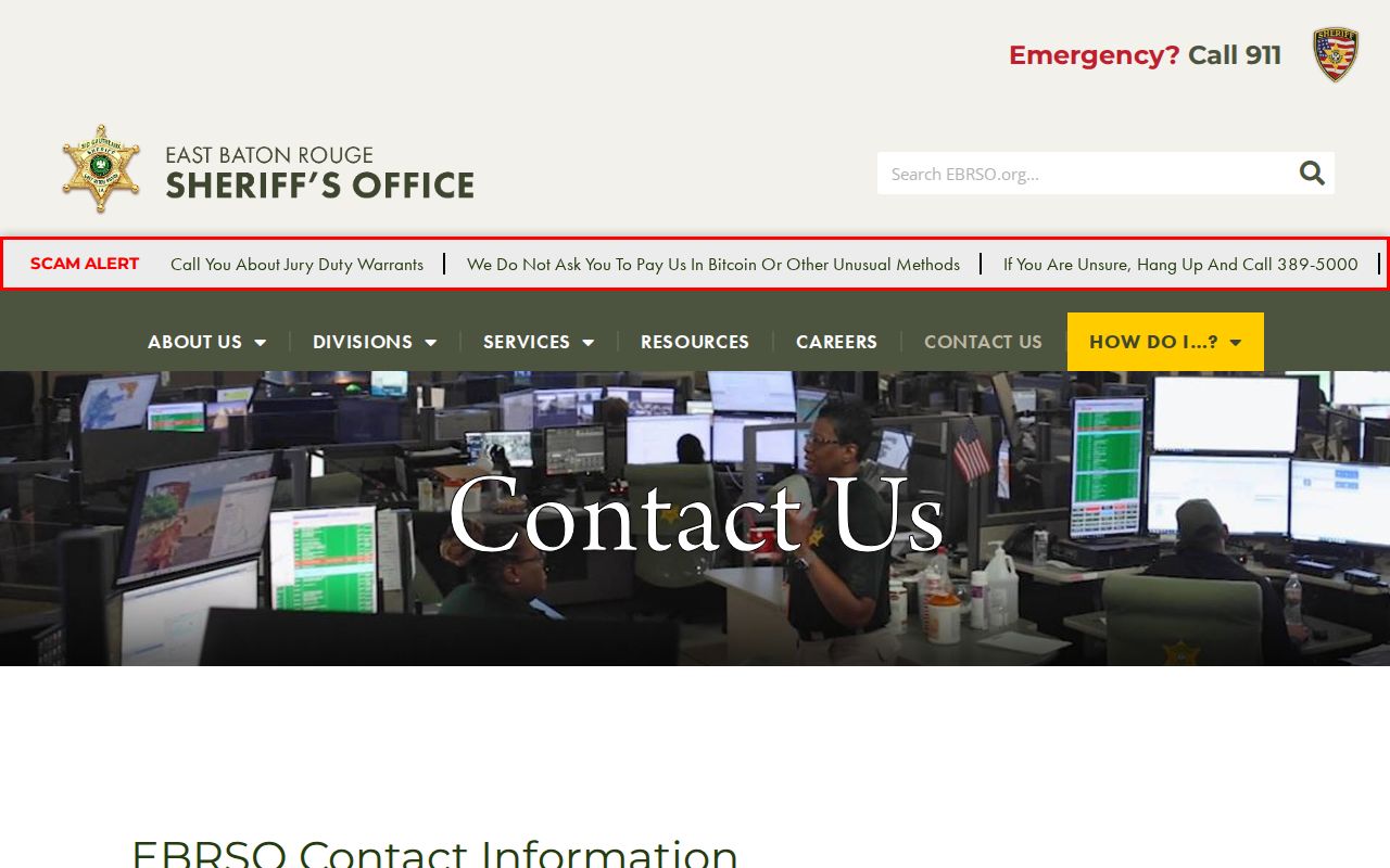 East Baton Rouge Parish Sheriff's Office contact page listing the Warrant Division phone line