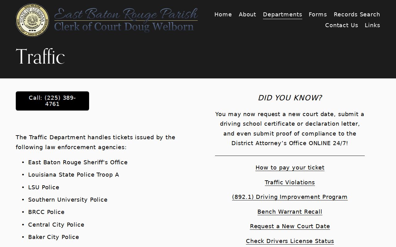 East Baton Rouge Parish Clerk of Court traffic page with bench warrant recall instructions