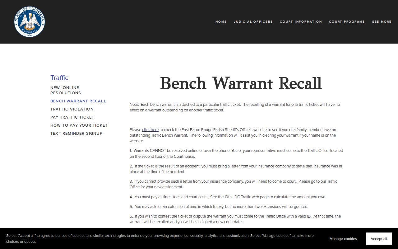 East Baton Rouge Parish 19th JDC traffic bench warrant recall instructions