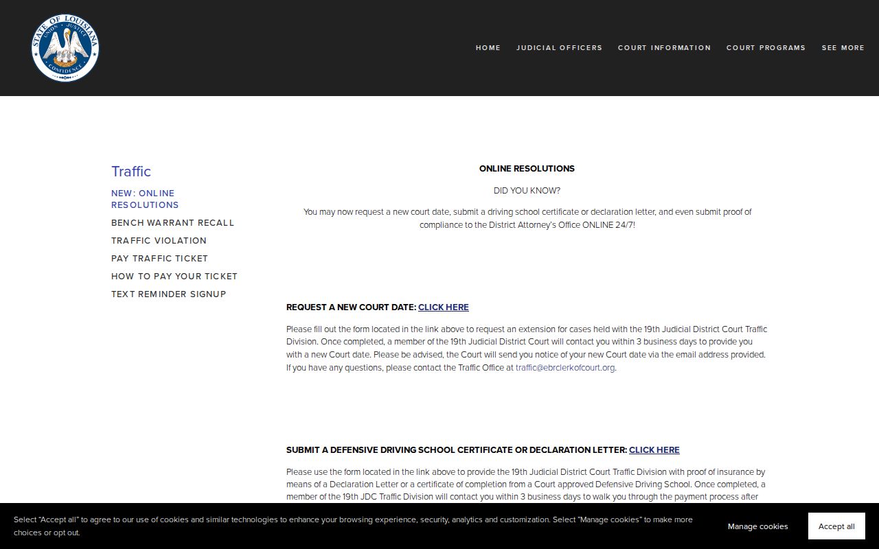 East Baton Rouge Parish 19th JDC page for requesting new court dates on warrant cases