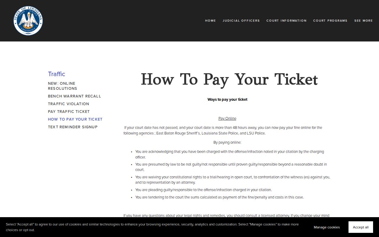 East Baton Rouge Parish 19th JDC page explaining traffic warrant payment and plea consequences