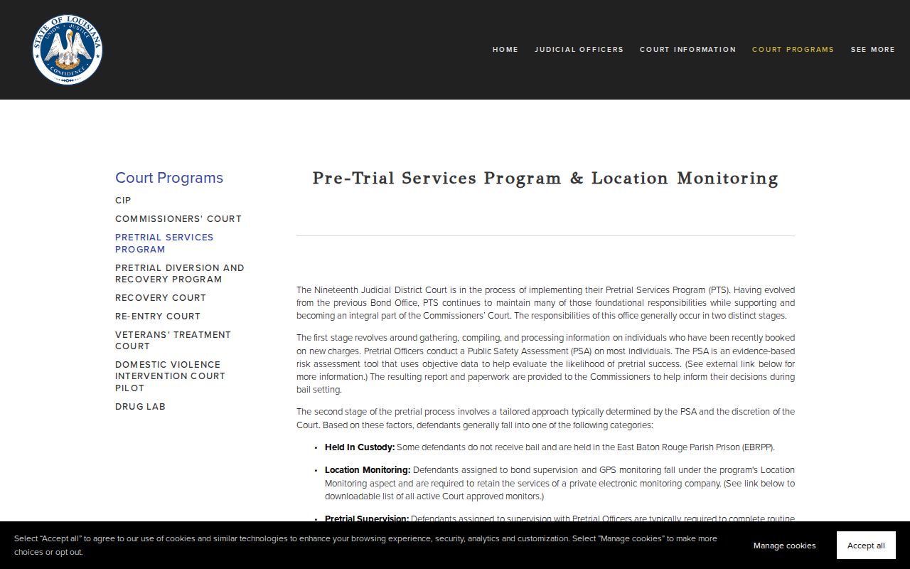 East Baton Rouge Parish 19th JDC Pretrial Services page describing bail-setting support in warrant cases