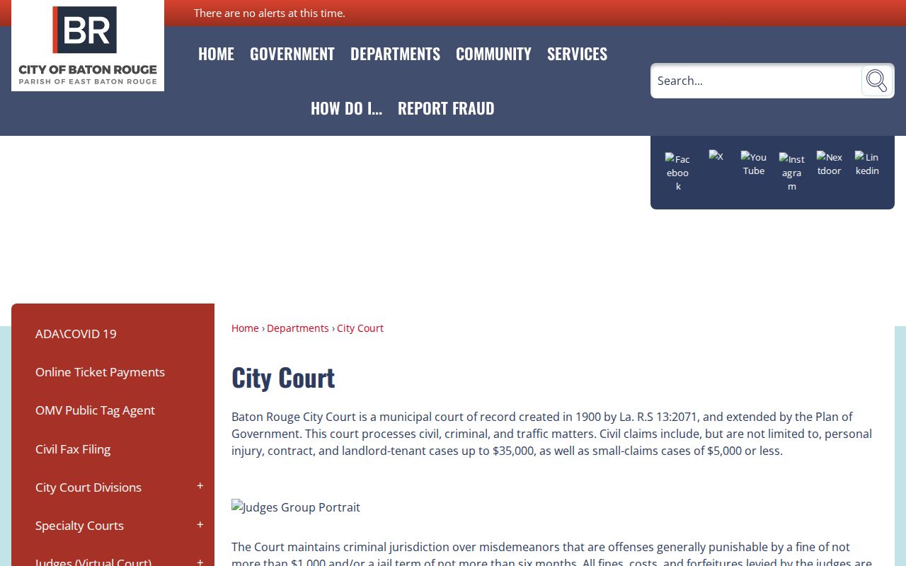 East Baton Rouge Parish Baton Rouge City Court page listing divisions and warrant contacts