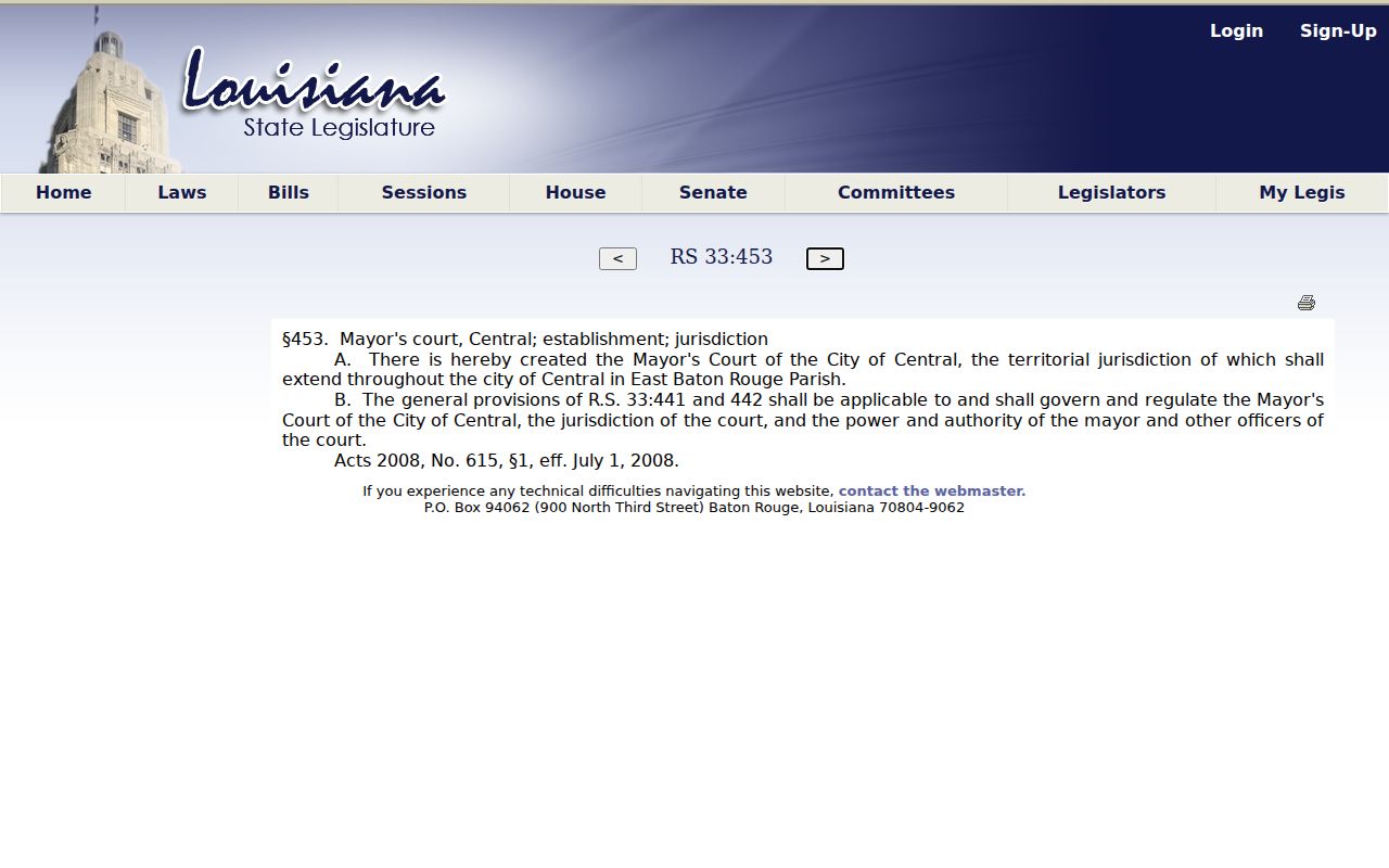 East Baton Rouge Parish statute page establishing the Central Mayor's Court for warrants