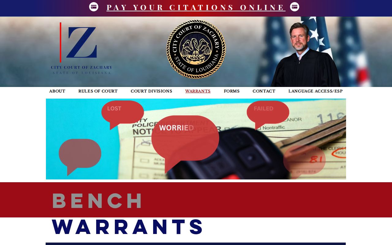 East Baton Rouge Parish Zachary City Court warrant page describing the in-person attachment process