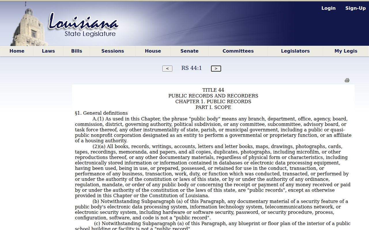 Louisiana public records law page used for East Baton Rouge Parish warrant record requests
