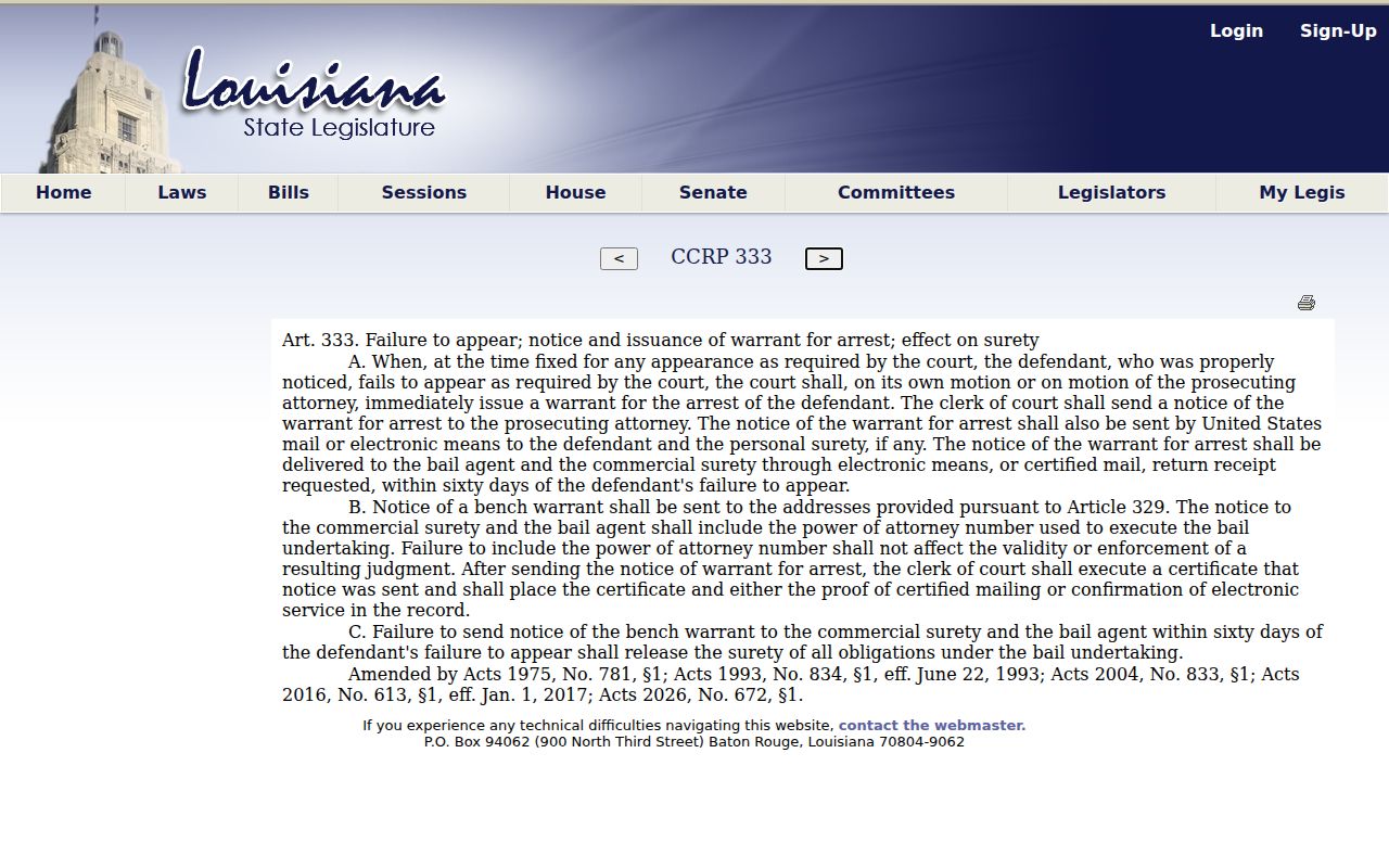 Louisiana failure to appear statute used for East Baton Rouge Parish bench warrant questions